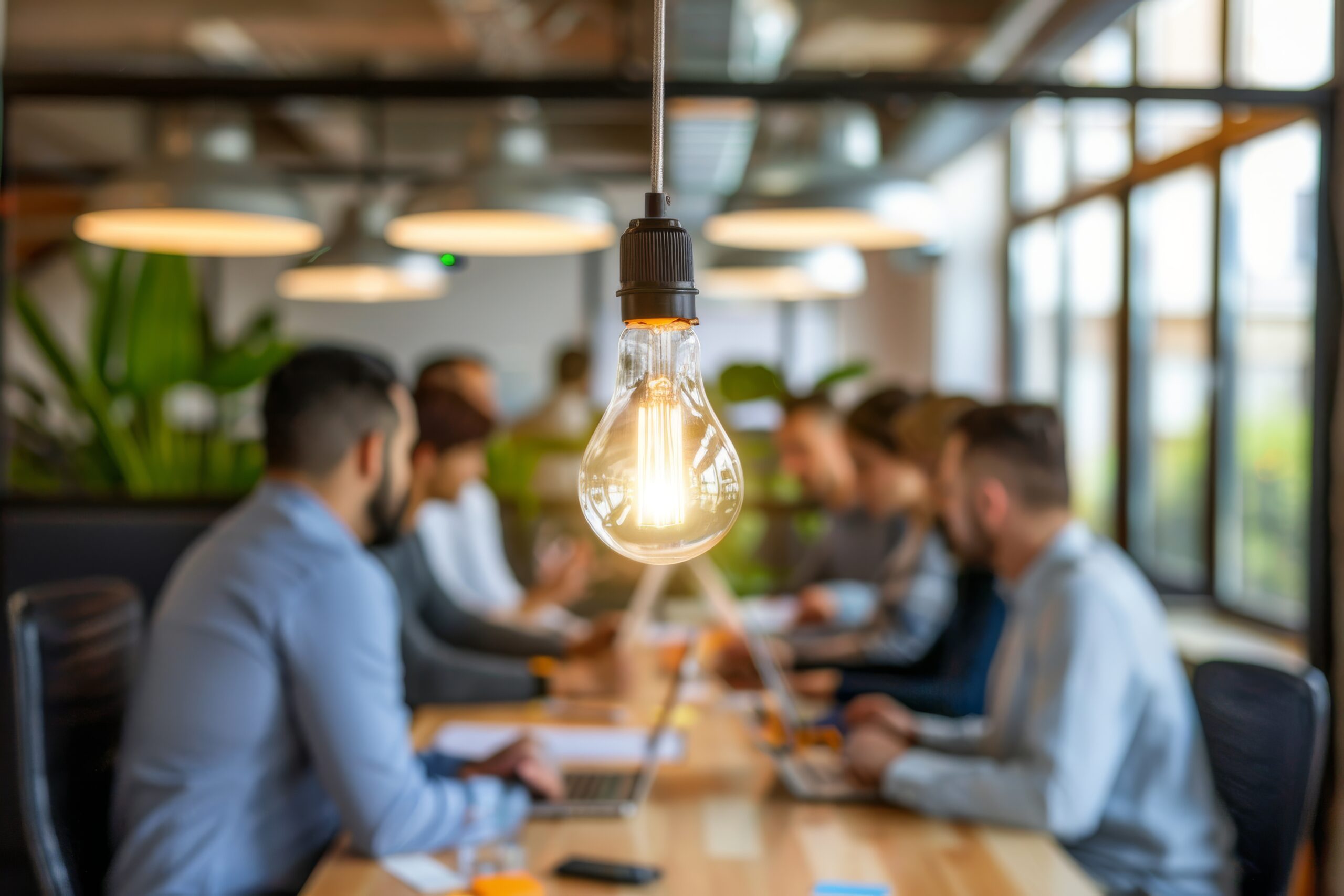 Team brainstorming session with a light bulb symbolizing ideas and innovation in a modern office setting