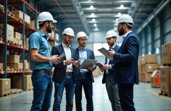 Warehouse IT Strategy Meeting - Manufacturing and Distribution IT consulting team meeting on warehouse floor using tablets and digital workflows
