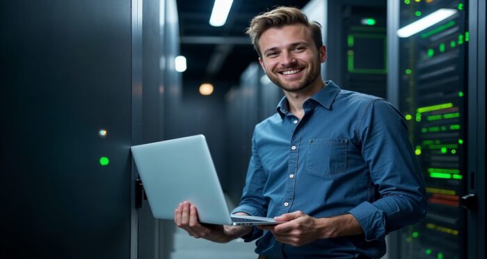 IT professional standing in a modern server room with a laptop, representing healthy IT systems and proactive technology maintenance for Dallas–Fort Worth businesses.