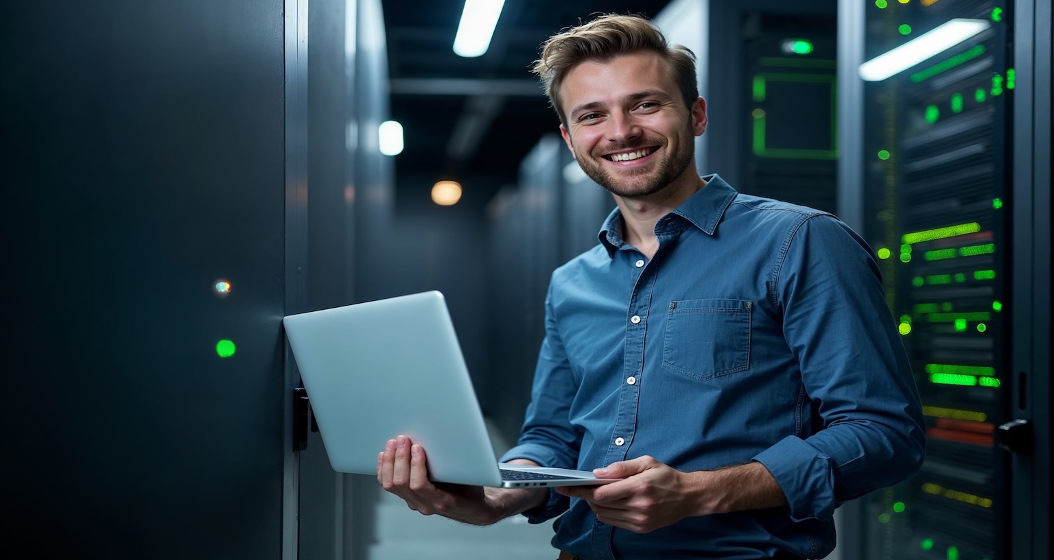 IT professional standing in a modern server room with a laptop, representing healthy IT systems and proactive technology maintenance for Dallas–Fort Worth businesses.