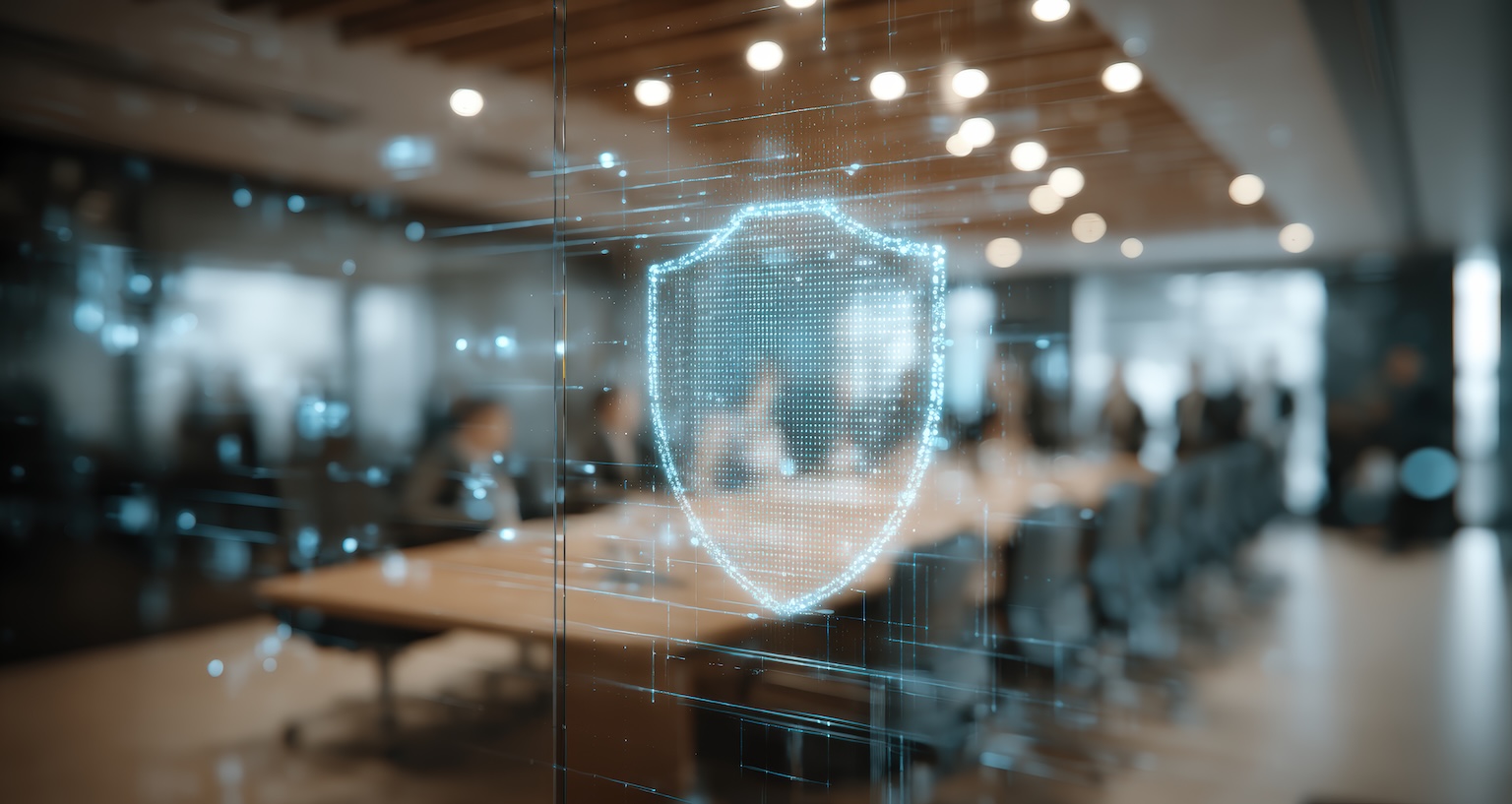 AI-powered cybersecurity protection in a modern business office, representing managed IT and security for SMBs in Dallas–Fort Worth