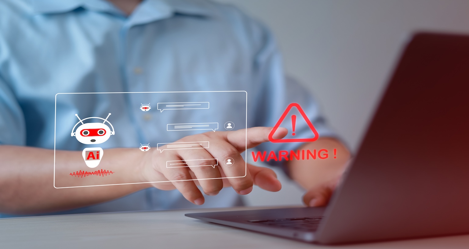 Business professional using AI-powered browser on laptop with warning indicator highlighting potential data exposure and cybersecurity risks