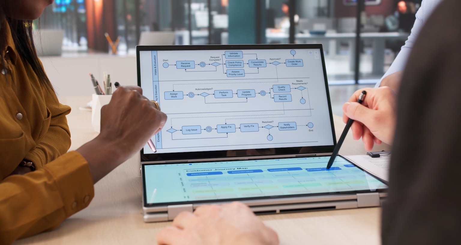 Business leaders reviewing workflow processes and technology strategy before implementing AI and automation solutions within a managed IT environment.