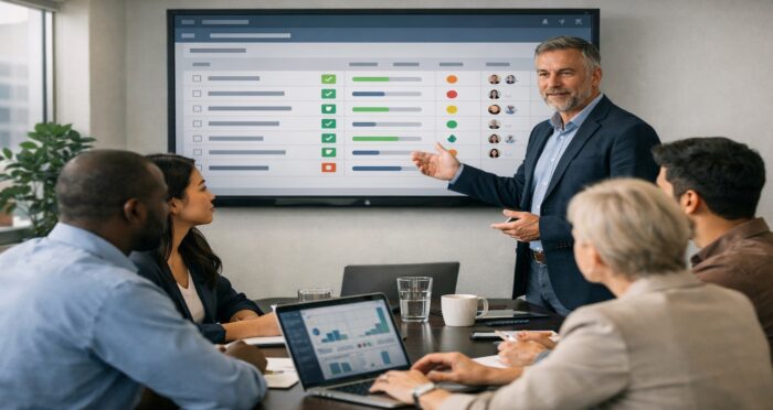 Business leaders meeting with a modern managed IT provider to discuss cybersecurity, Technology Alignment, automation, AI strategy, and long-term business planning.